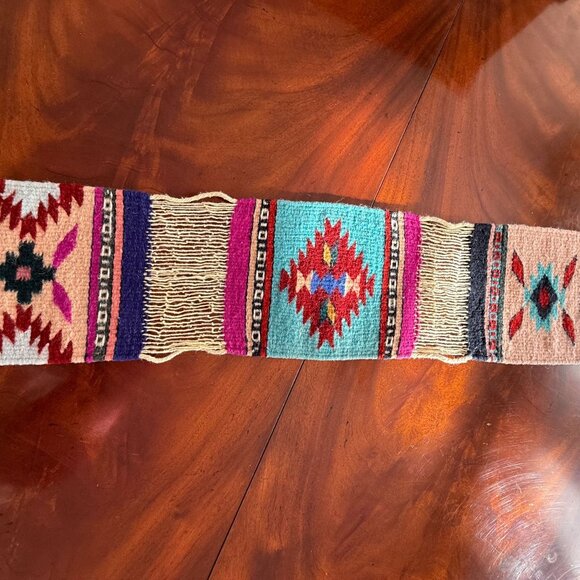 Zapotec 7 Panel Table Runner Mexican 79 "x 7"  Wool Hand Woven Folk Art Fringe - Picture 5 of 16
